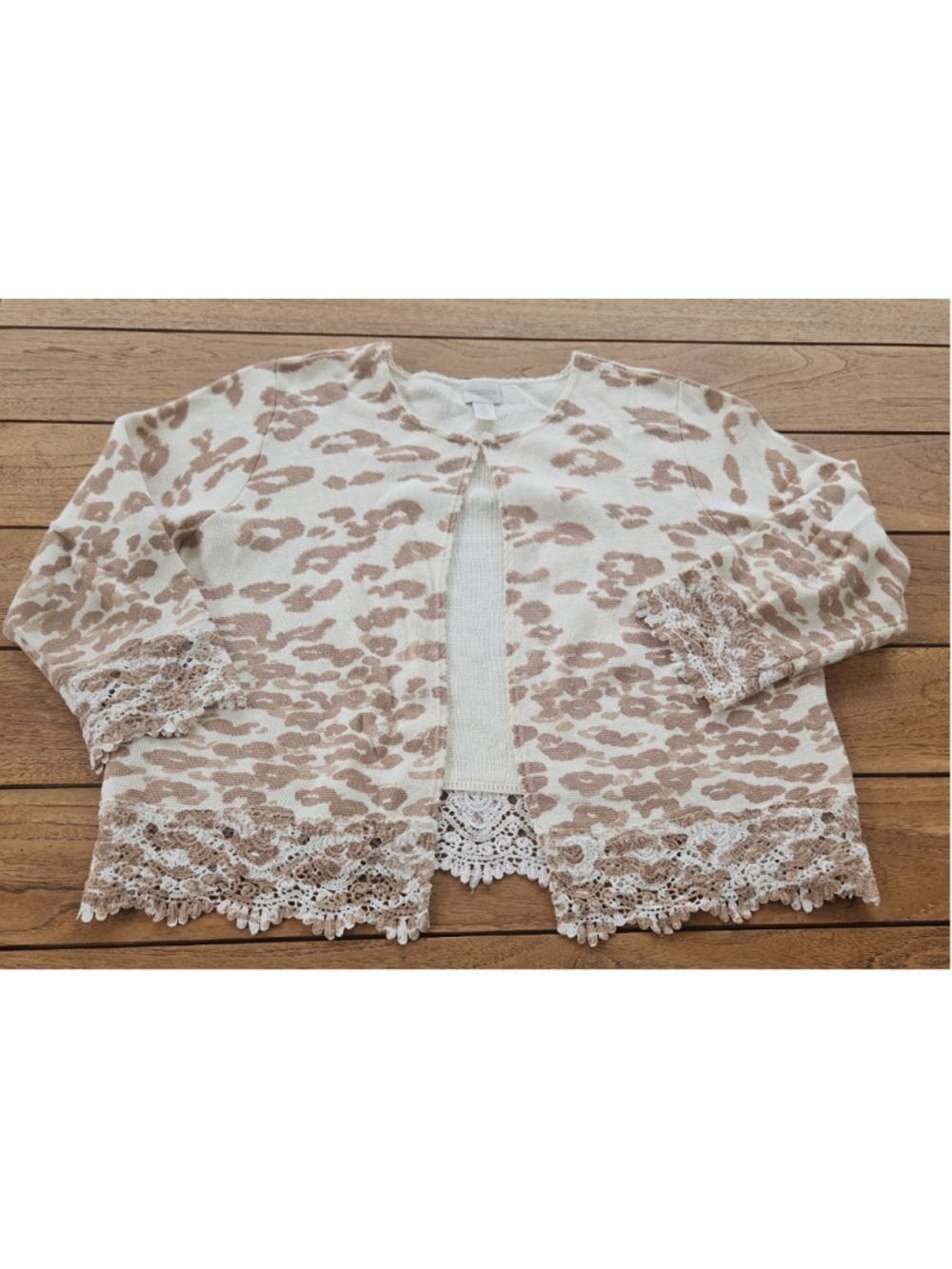 CHICO’S Women’s Acorn Brown Cheetah Lace Hem CHARLEE Cardigan Sweater Sz 2 or L